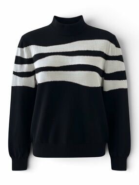 St John Black and White Mock Neck Knit Sweater with Gold Pailettes & Studs